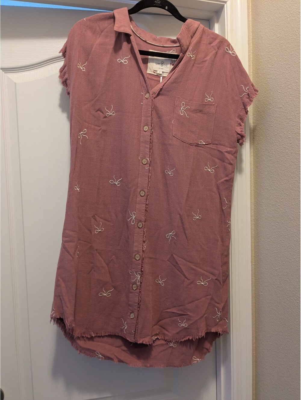 Umgee Mauve Linen Blend High Low Dress w/ Ribbon Embroidery & Short Sleeves Sz S